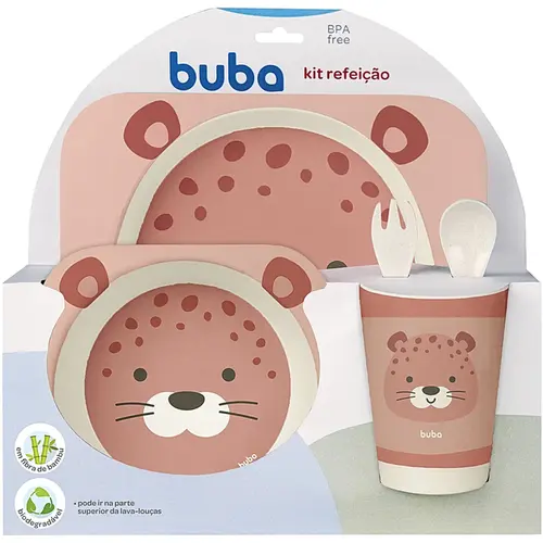 Kit Refeição em Bambu Oncinha Rosa Buba - 5 peças