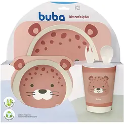 Kit Refeição em Bambu Oncinha Rosa Buba - 5 peças