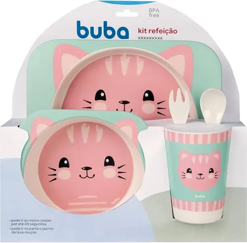 Kit Refeição em Bambu Gatinho Buba - 5 peças